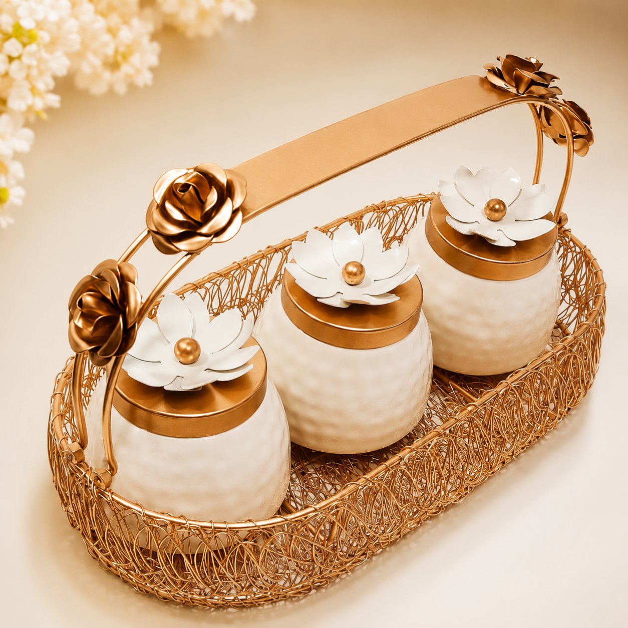 Premium 3 Jar Set with Rose Gold Basket – Elegant Return Gift Hamper