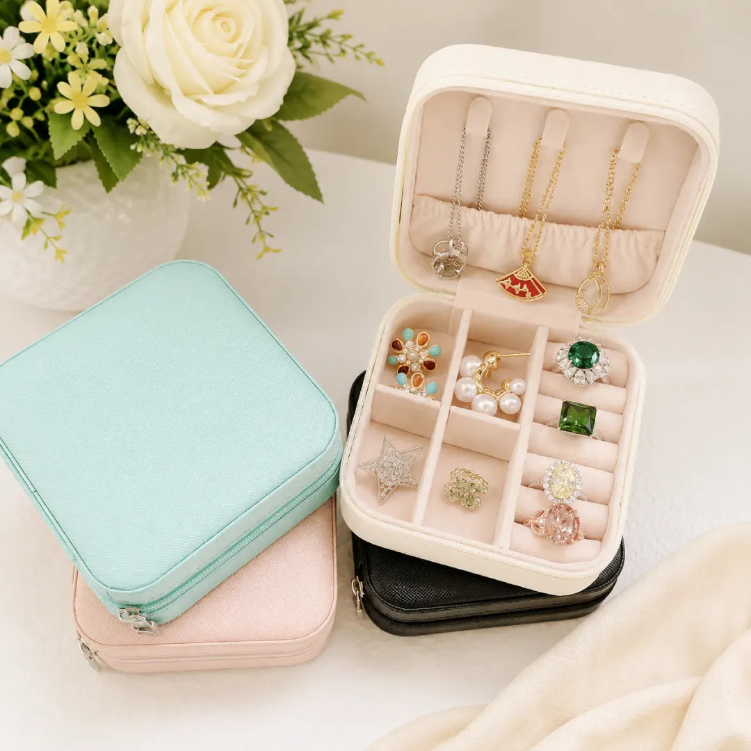 Travel Jewelry Organizer Box with Ring Slots and Necklace Storage Compartments